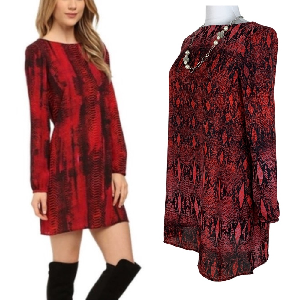 BB Dakota Red Snakeskin Jenelle Semi Sheer Long Sleeve Shift Dress in size Small